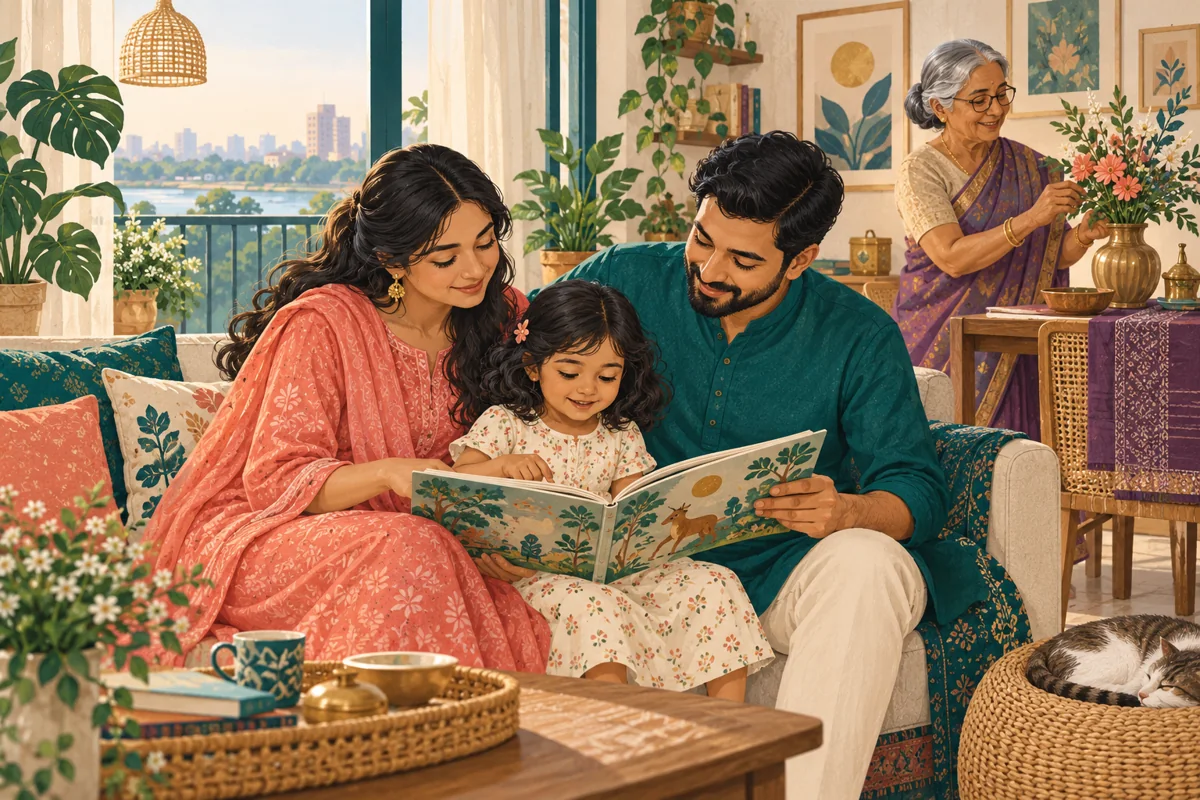 বাবা-মা ও শিশু একসঙ্গে বই দেখছেন, পেছনে দাদি গাছের পরিচর্যা করছেন
