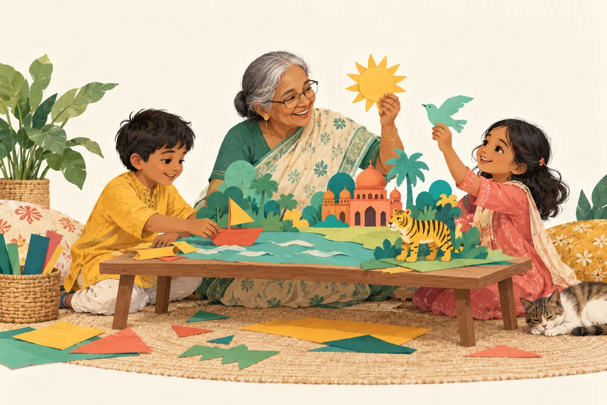 দাদি ও দুই শিশু টেবিলে রঙিন কাগজ দিয়ে নানান আকার তৈরি করছেন