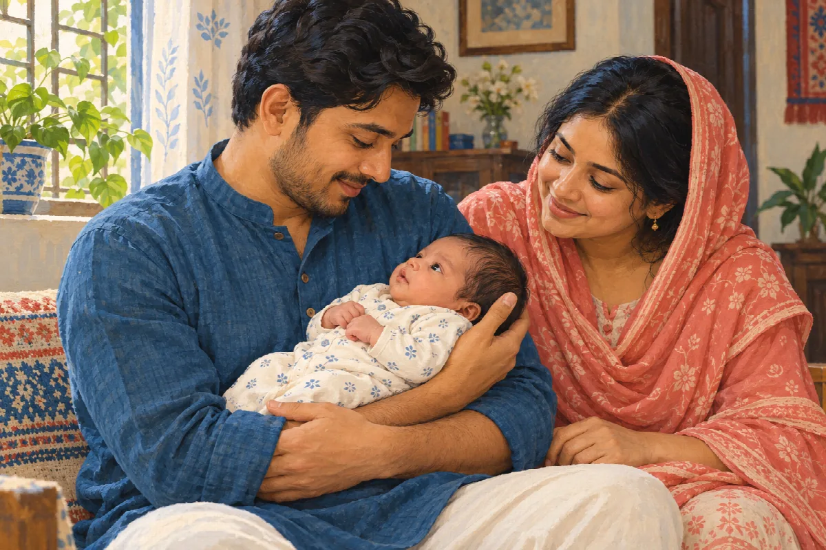 নিরাপদে কোলে থাকা জেগে থাকা শিশুকে নিয়ে মা-বাবার শান্ত একটি মুহূর্ত।