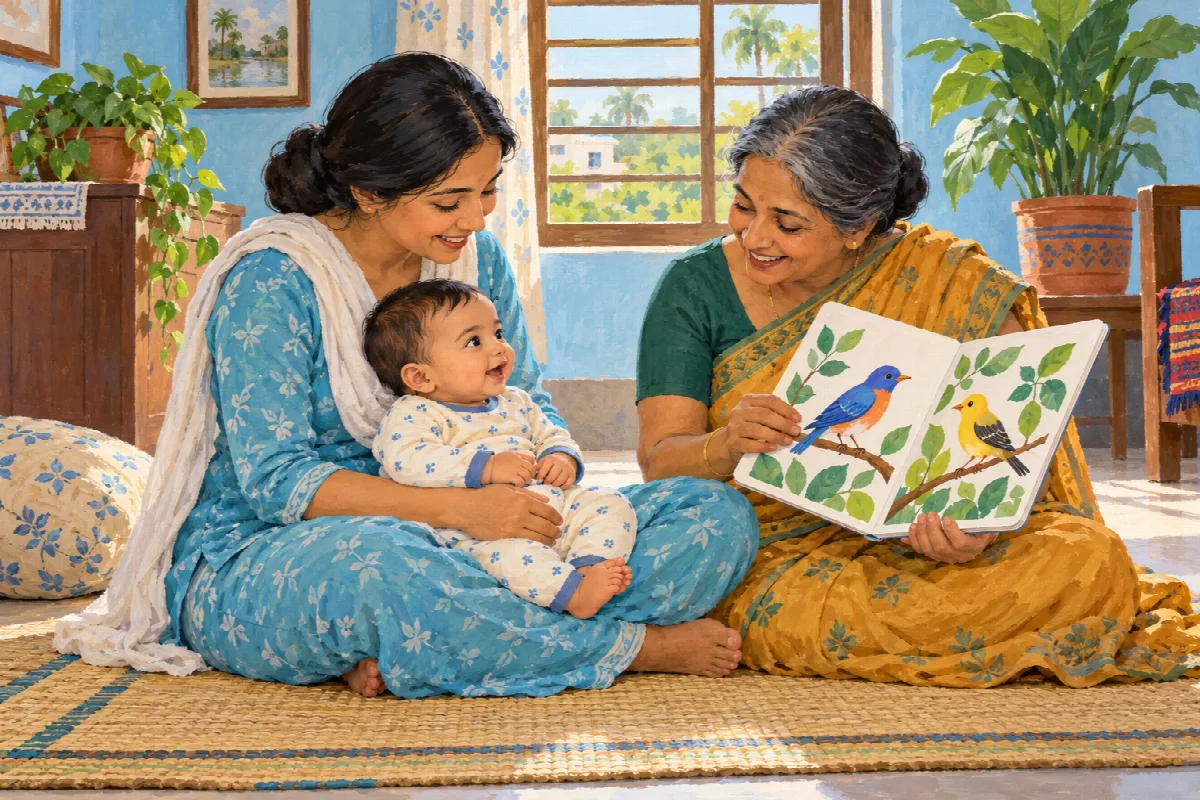 মায়ের কোলে থাকা শিশুকে ছবির বই দেখাচ্ছেন দাদি।